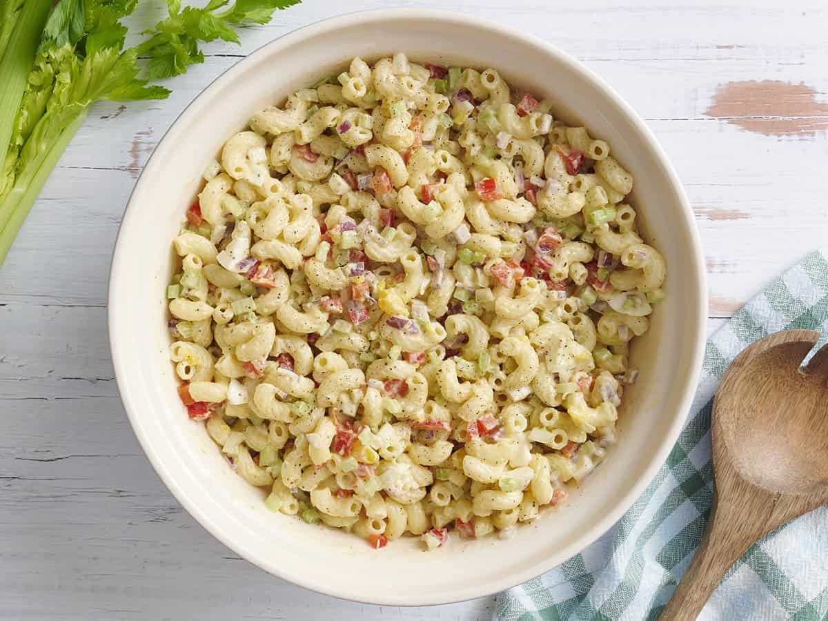 Overhead view of a bowl of macaroni salad.