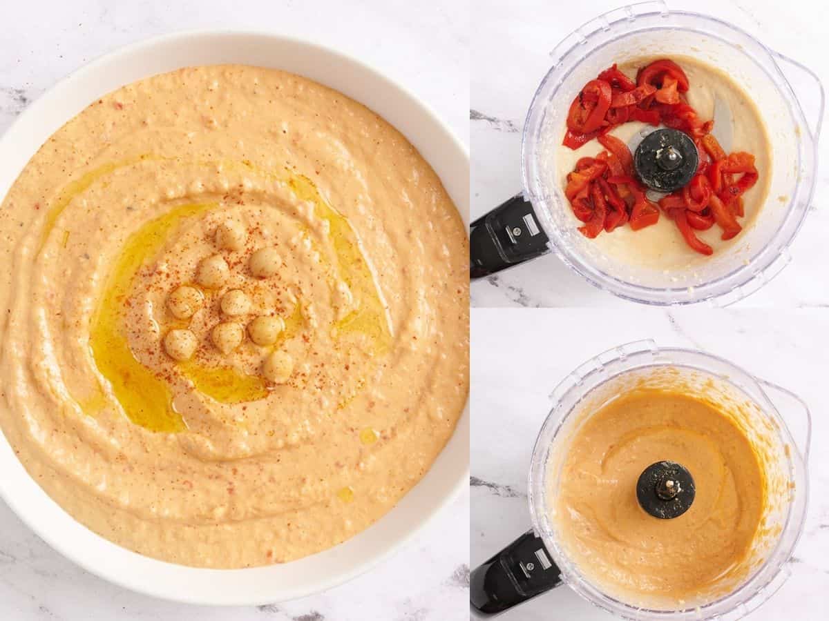 Homemade hummus is quick, easy, and inexpensive, and can be made with several different flavor add-ins. Here are four delicious flavors to try. Budgetbytes.com A collage of roasted red pepper hummus process photos.