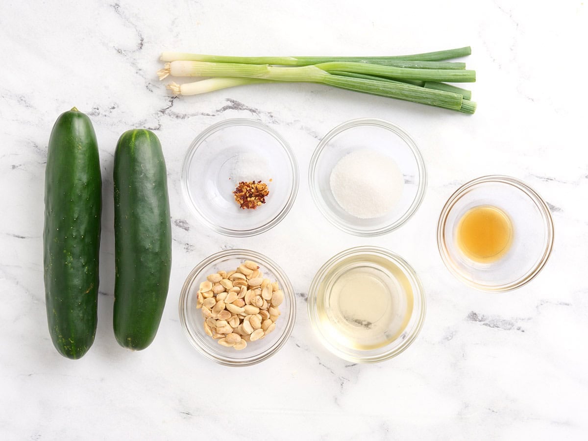 The ingredients to make sesame cucumber salad.