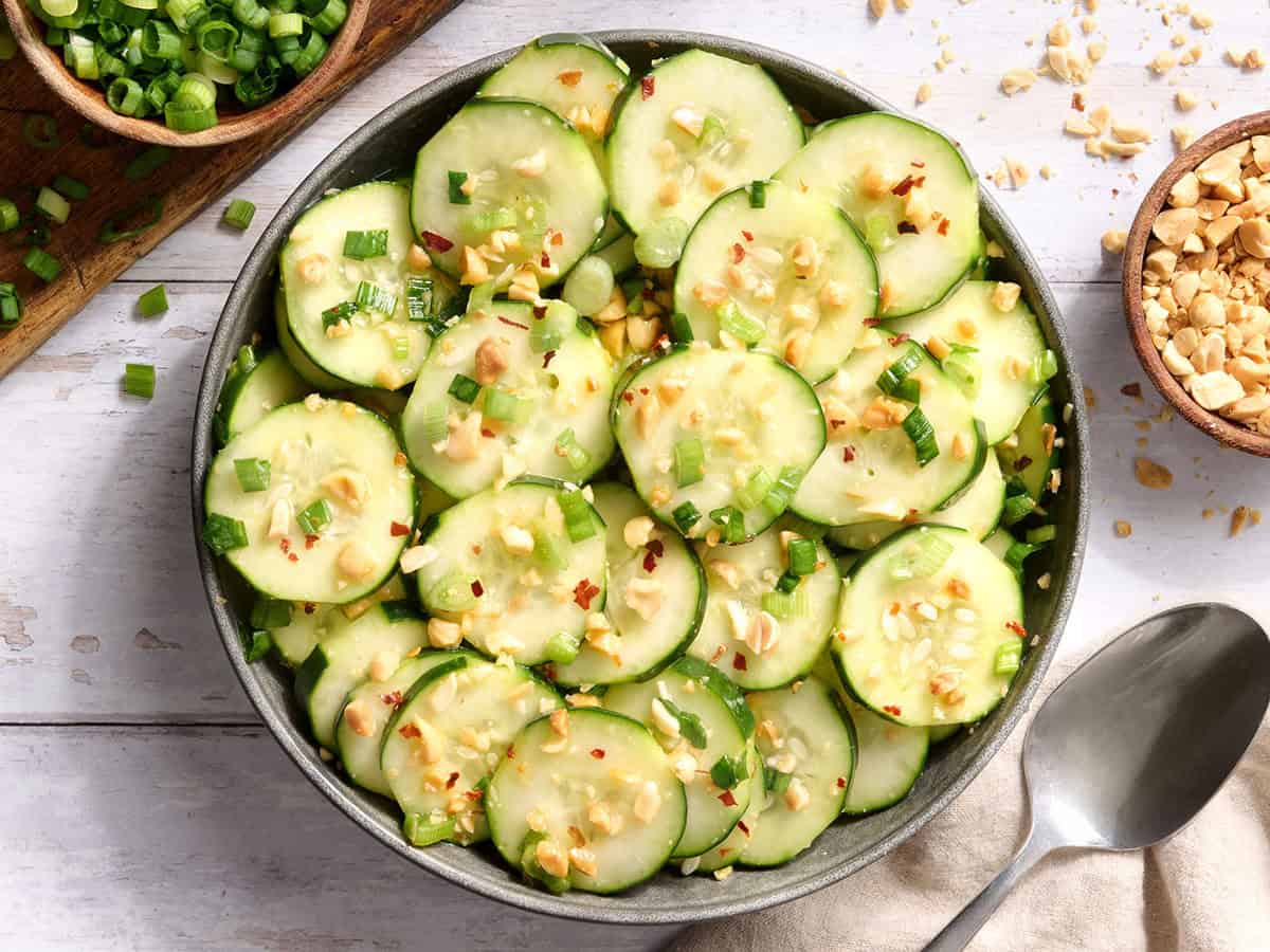 Overhead view of a bowl of sesame cucumber salad.