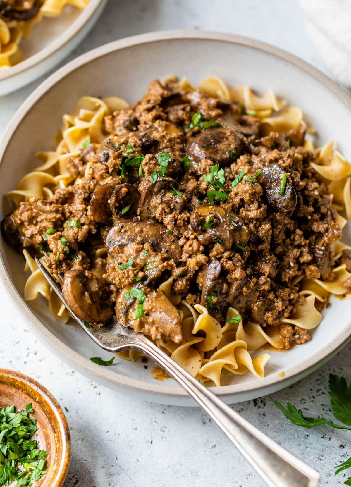 the best ground beef stroganoff recipe in a bowl