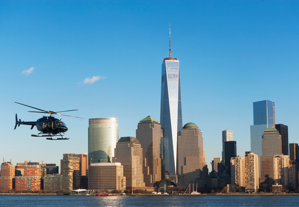 Helicopter flying over the New York City skyline