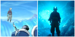 Two versions of Aang emerging from iceberg
